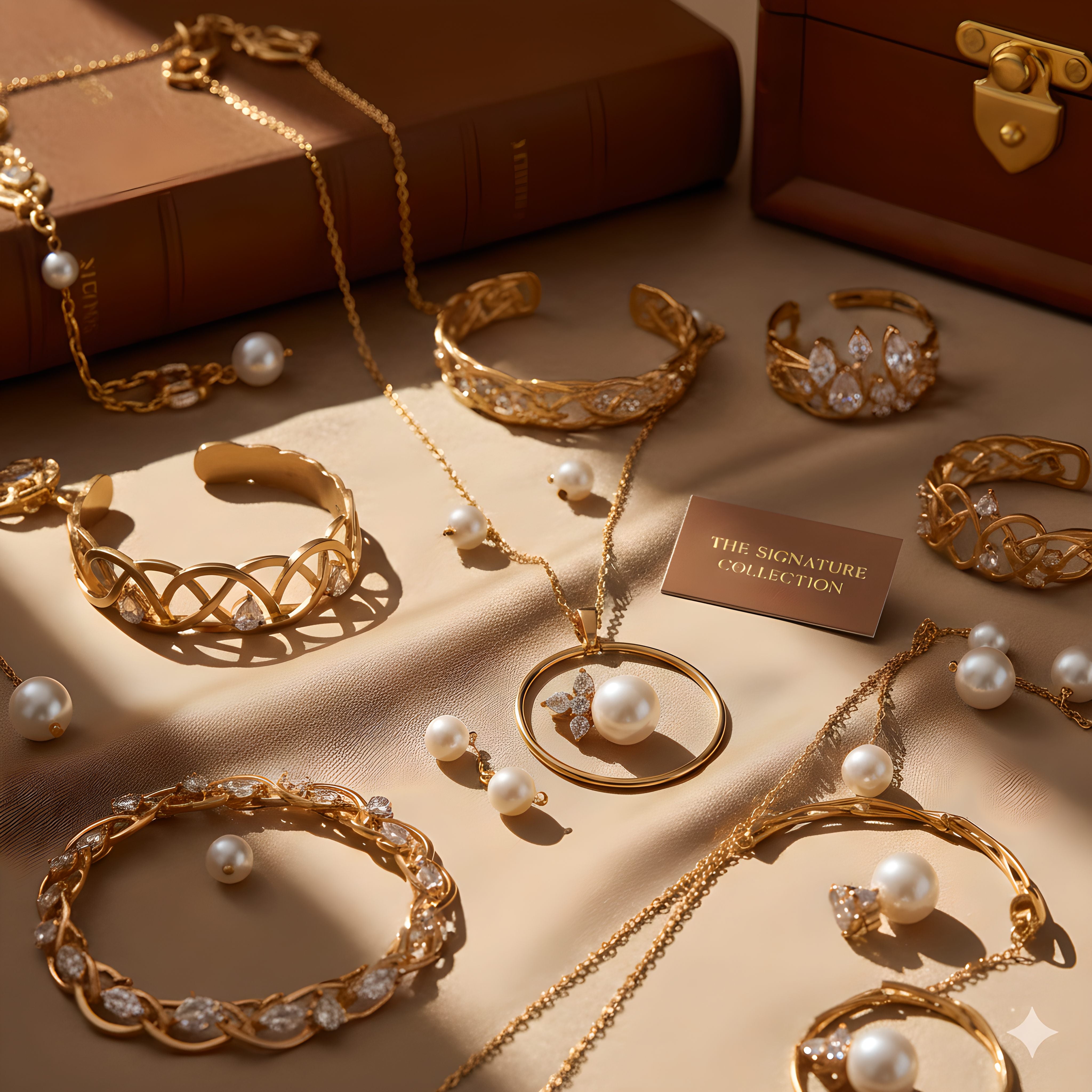 Gold jewelry with pearls on a beige surface, including bracelets, necklaces, and a box labeled 'The Signature Collection'.