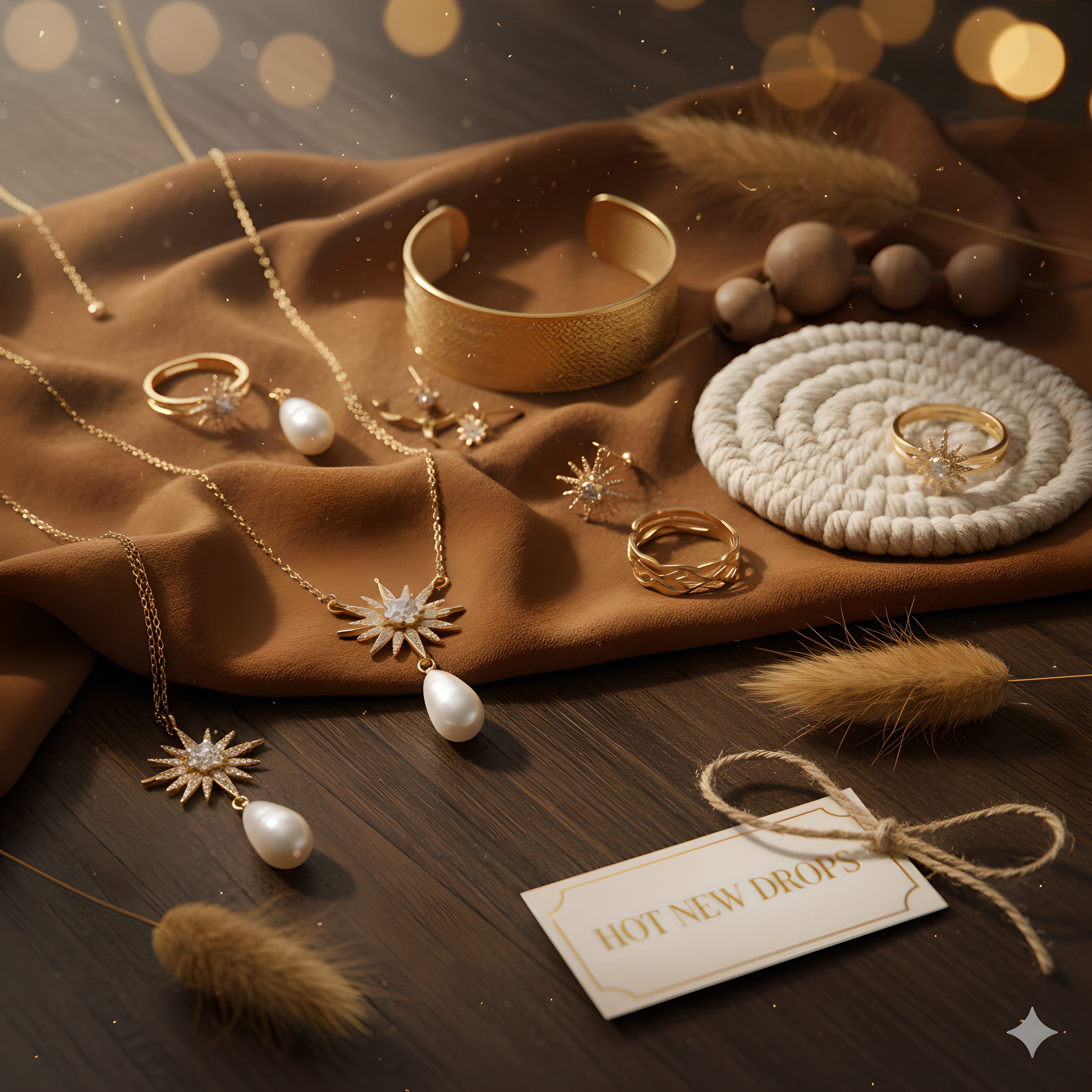 Gold jewelry including necklaces, rings, and a bracelet on a brown fabric background with a 'Hot New Drops' tag.