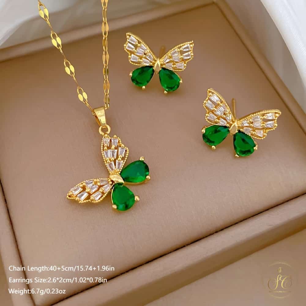 Luxury Elegant Green Butterfly Pendant Jewelry Set - SeoulChic.store