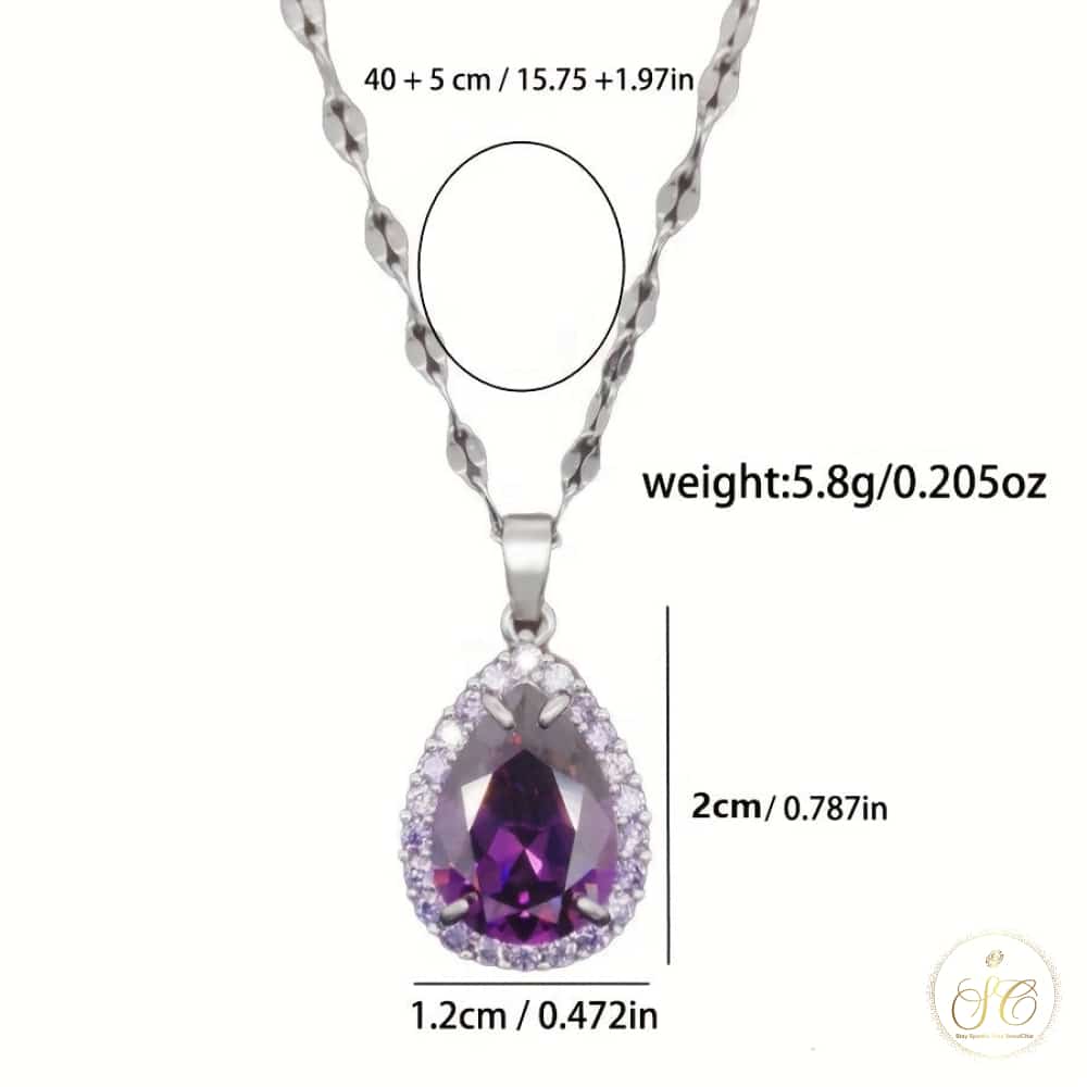 Modern Elegant Teardrop Purple Zirconia Pendant Silver Necklace - SeoulChic.store