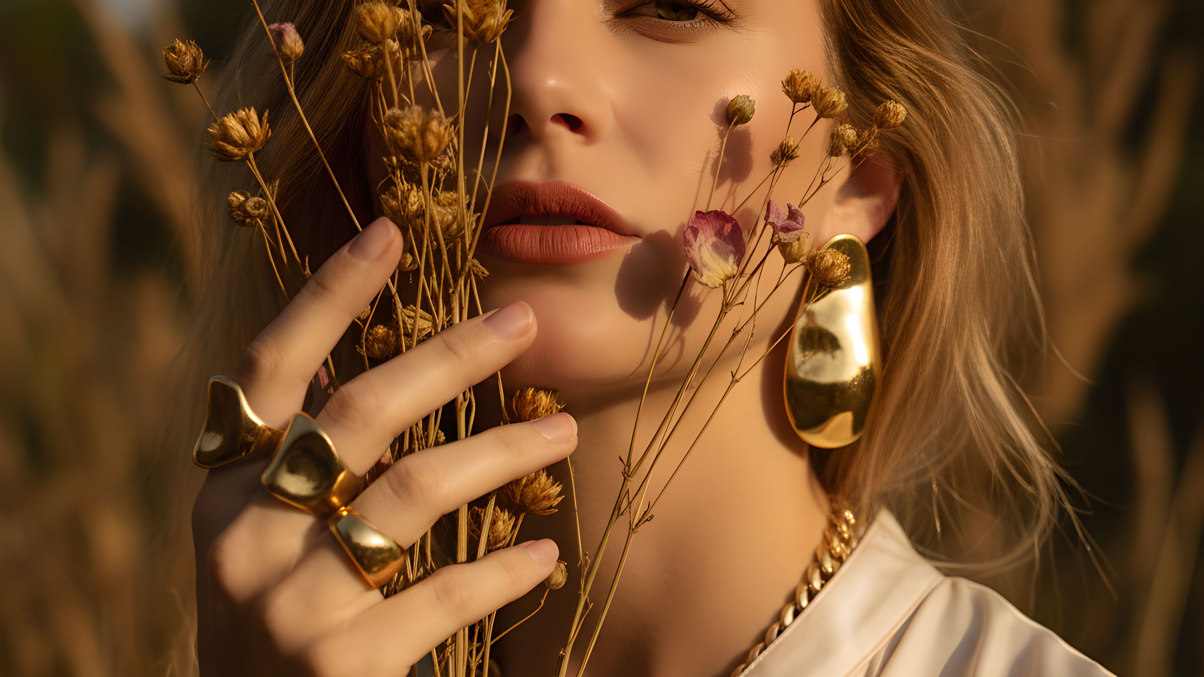 Woman holding dried flowers with a soft focus background