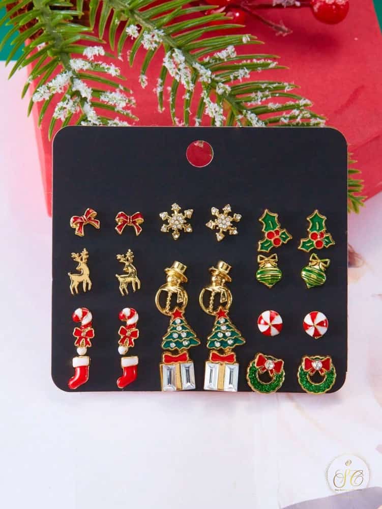 Chic 12Pairs Christmas Tree Bow Snowman Gift Snowflake Reindeer Earrings Set - SeoulChic.store