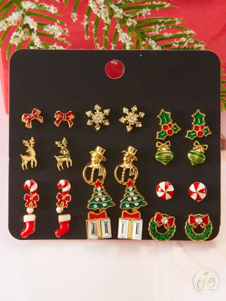 Chic 12Pairs Christmas Tree Bow Snowman Gift Snowflake Reindeer Earrings Set - SeoulChic.store
