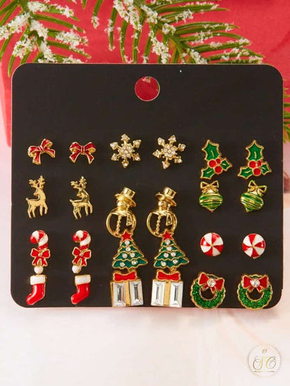 Chic 12Pairs Christmas Tree Bow Snowman Gift Snowflake Reindeer Earrings Set - SeoulChic.store