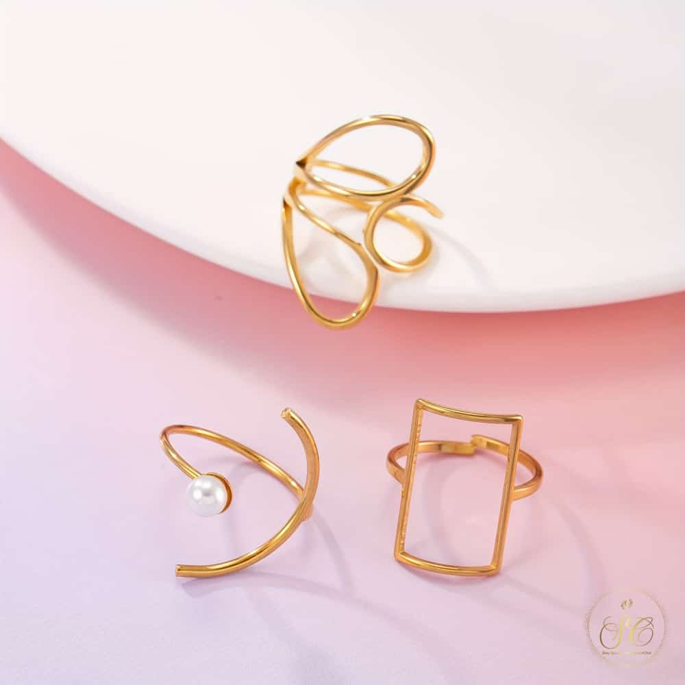 Graceful 18K Gold Plated Geometric Faux Pearl Ring Set - SeoulChic.store