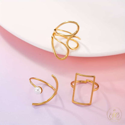 Graceful 18K Gold Plated Geometric Faux Pearl Ring Set - SeoulChic.store