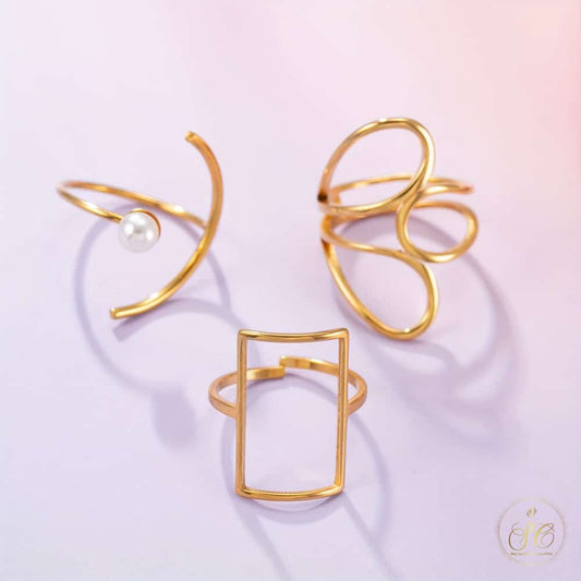 Graceful 18K Gold Plated Geometric Faux Pearl Ring Set - SeoulChic.store