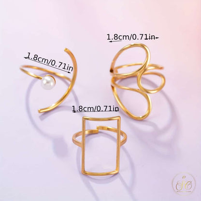 Graceful 18K Gold Plated Geometric Faux Pearl Ring Set - SeoulChic.store