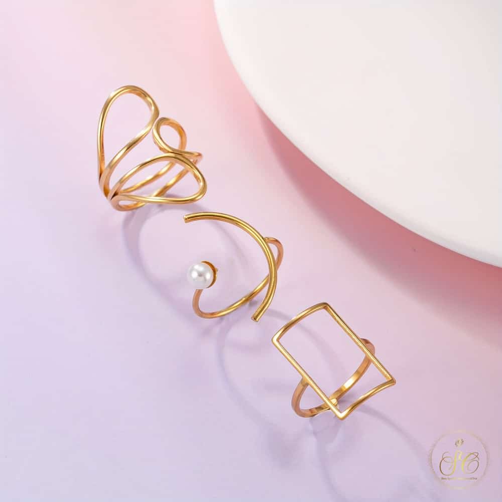 Graceful 18K Gold Plated Geometric Faux Pearl Ring Set - SeoulChic.store