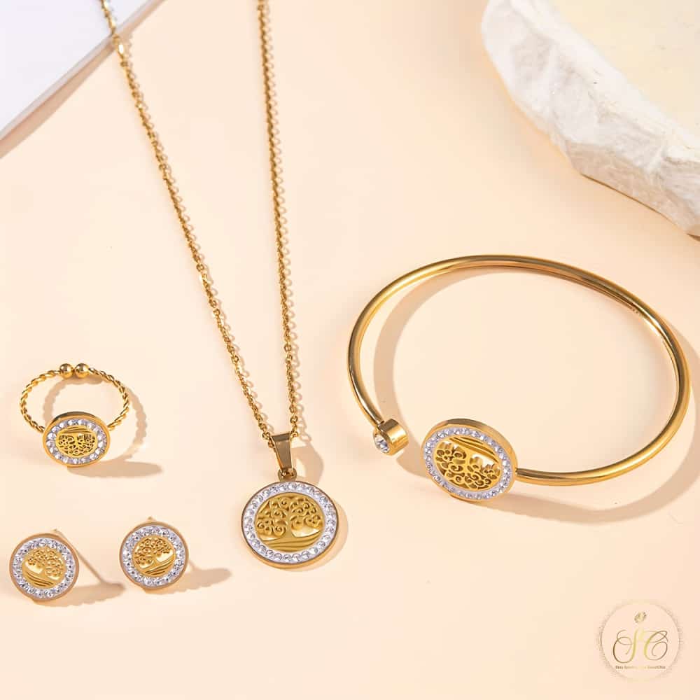 Modern 18K Gold Plated Inlaid Rhinestone Prosperity Tree Jewelry Set - SeoulChic.store