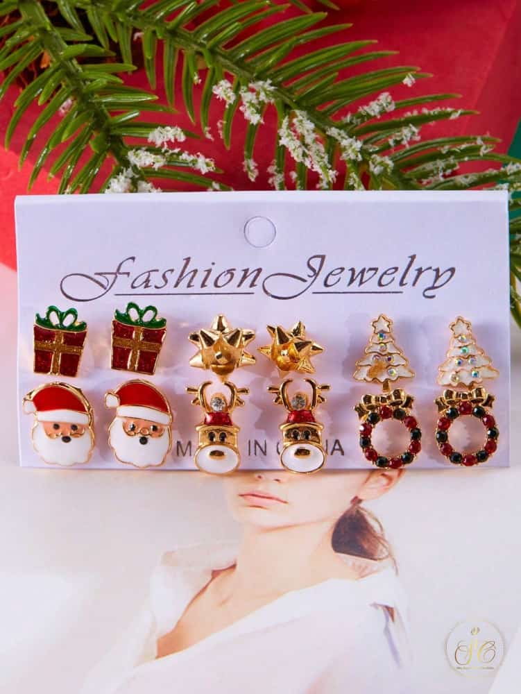 Elegant 6Pairs Christmas Tree Bow Tie Snowman Giftbox Snowflake Socks Earrings Set - SeoulChic.store
