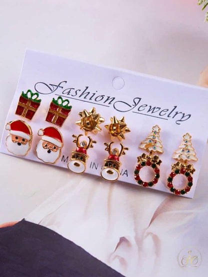Elegant 6Pairs Christmas Tree Bow Tie Snowman Giftbox Snowflake Socks Earrings Set - SeoulChic.store