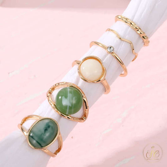 Graceful An Oval Green And White Gemstone Geometric Ring Set - SeoulChic.store