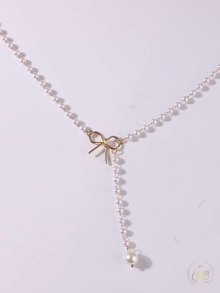Modern Chic Bow Faux Pearl Tassel Necklace - SeoulChic.store