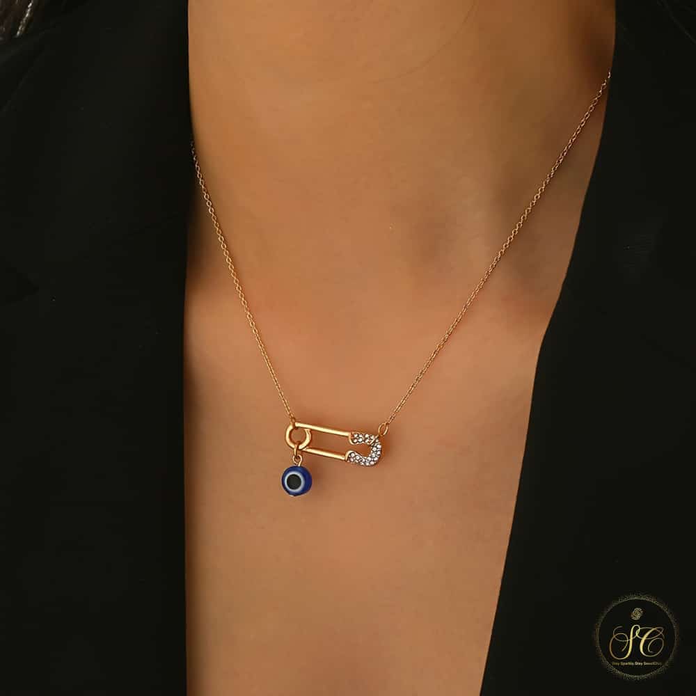 Classic Chic Evil Eye And Rose Charms Safety Pin Necklace - SeoulChic.store