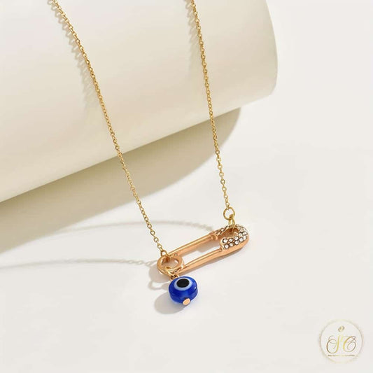 Classic Chic Evil Eye And Rose Charms Safety Pin Necklace - SeoulChic.store