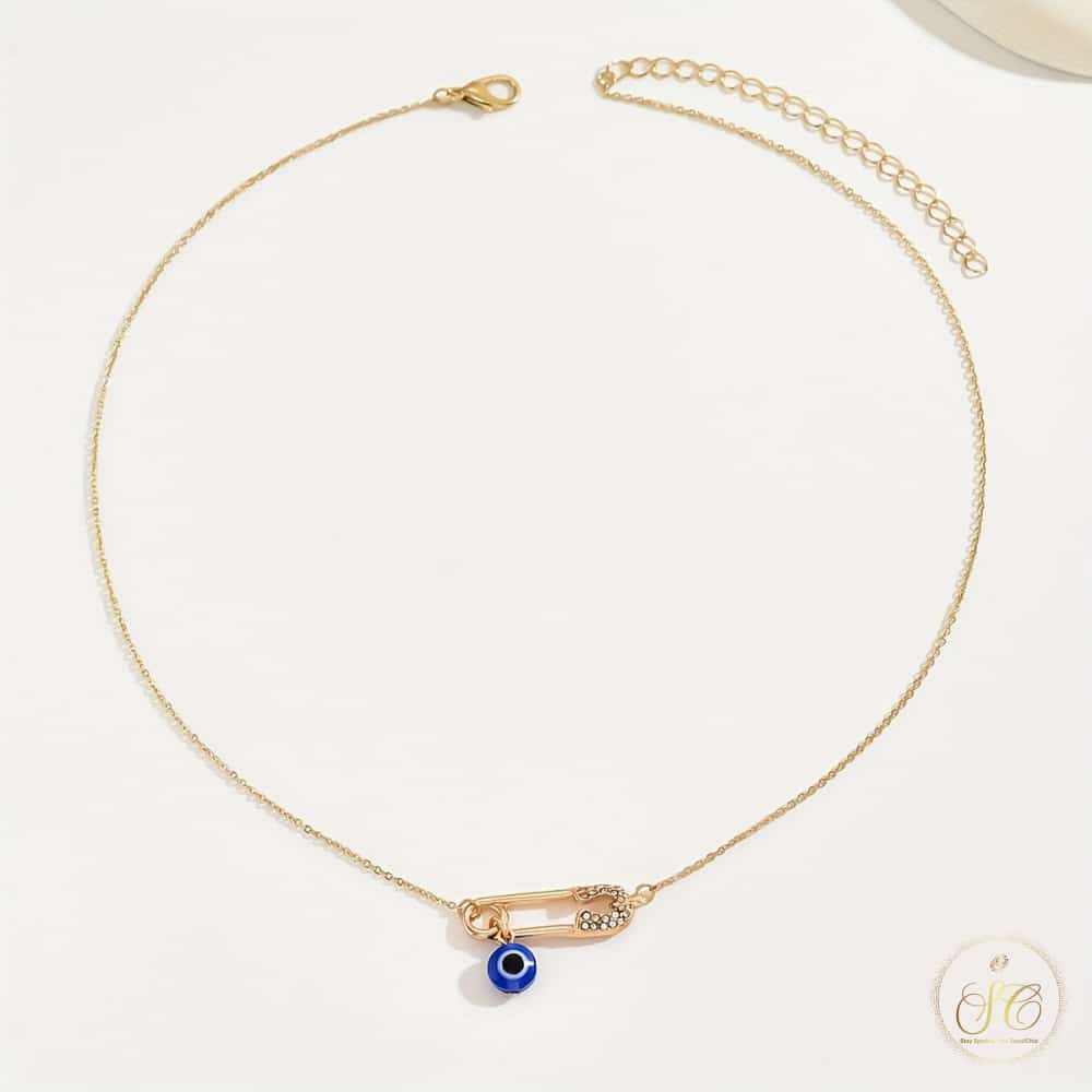 Classic Chic Evil Eye And Rose Charms Safety Pin Necklace - SeoulChic.store