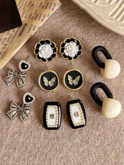 Chic Vintage Rhinestone Bow Faux Pearl Asymmetrical Earrings Set - SeoulChic.store