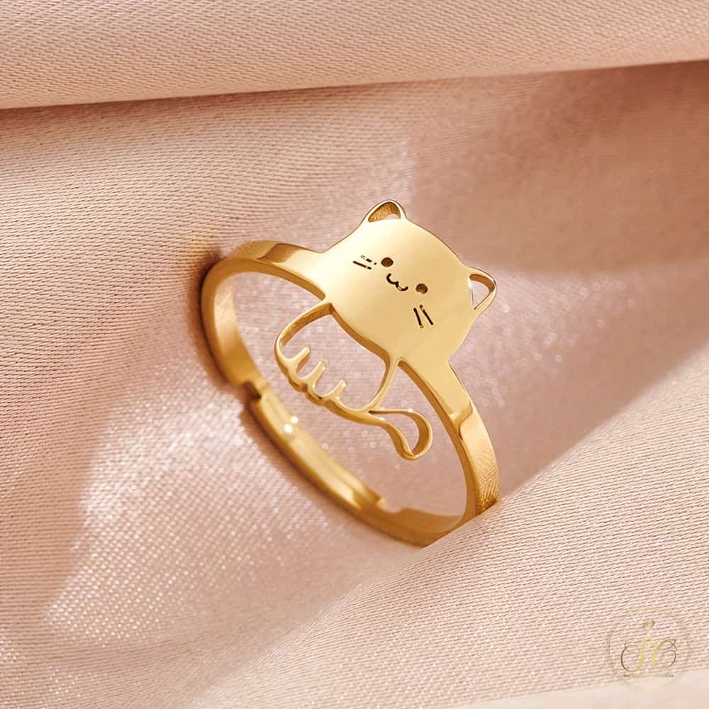 Refined Cute Adjustable Open Band Gold Plated Cat Ring - SeoulChic.store