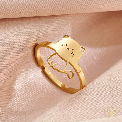 Refined Cute Adjustable Open Band Gold Plated Cat Ring - SeoulChic.store