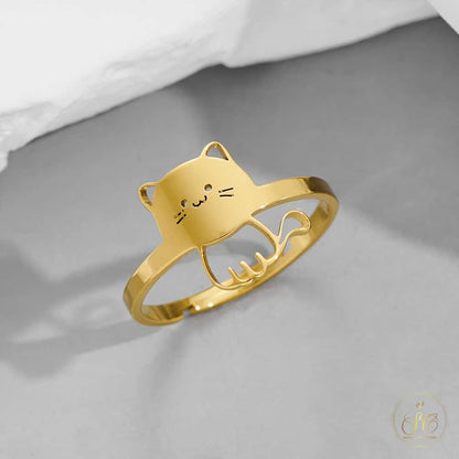 Refined Cute Adjustable Open Band Gold Plated Cat Ring - SeoulChic.store