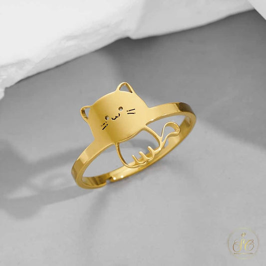 Refined Cute Adjustable Open Band Gold Plated Cat Ring - SeoulChic.store