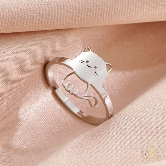 Chic Cute Adjustable Open Band Silver Plated Cat Ring - SeoulChic.store