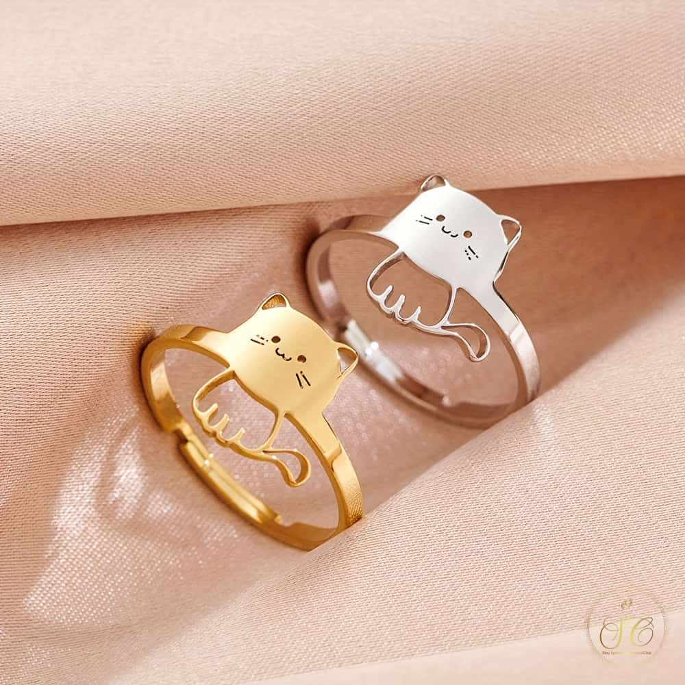 Chic Cute Adjustable Open Band Silver Plated Cat Ring - SeoulChic.store