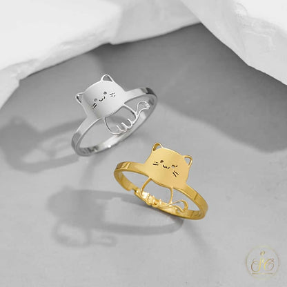 Chic Cute Adjustable Open Band Silver Plated Cat Ring - SeoulChic.store