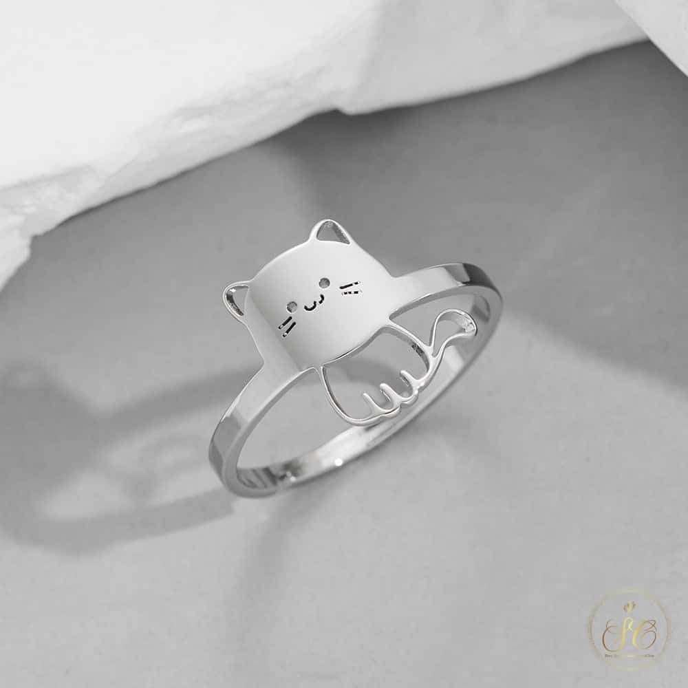 Chic Cute Adjustable Open Band Silver Plated Cat Ring - SeoulChic.store