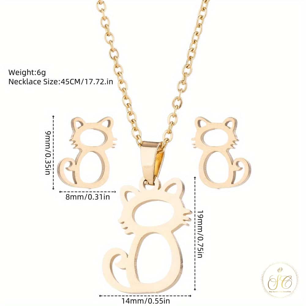 Premium Cute Golden Kitten Stainless Steel Jewelry Set - SeoulChic.store