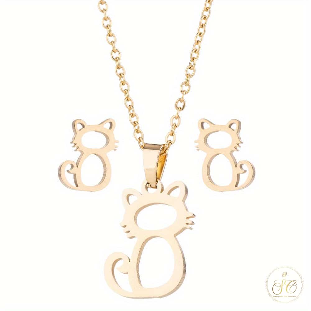 Premium Cute Golden Kitten Stainless Steel Jewelry Set - SeoulChic.store