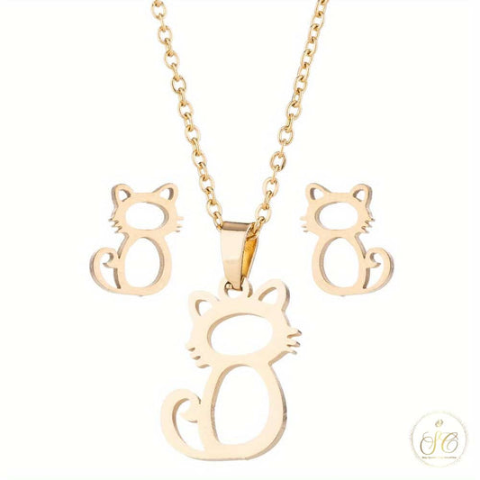 Premium Cute Golden Kitten Stainless Steel Jewelry Set - SeoulChic.store