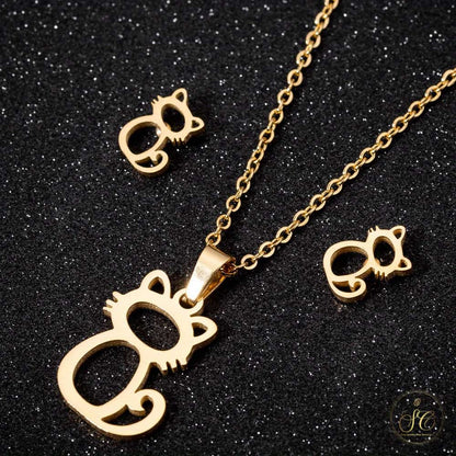 Premium Cute Golden Kitten Stainless Steel Jewelry Set - SeoulChic.store