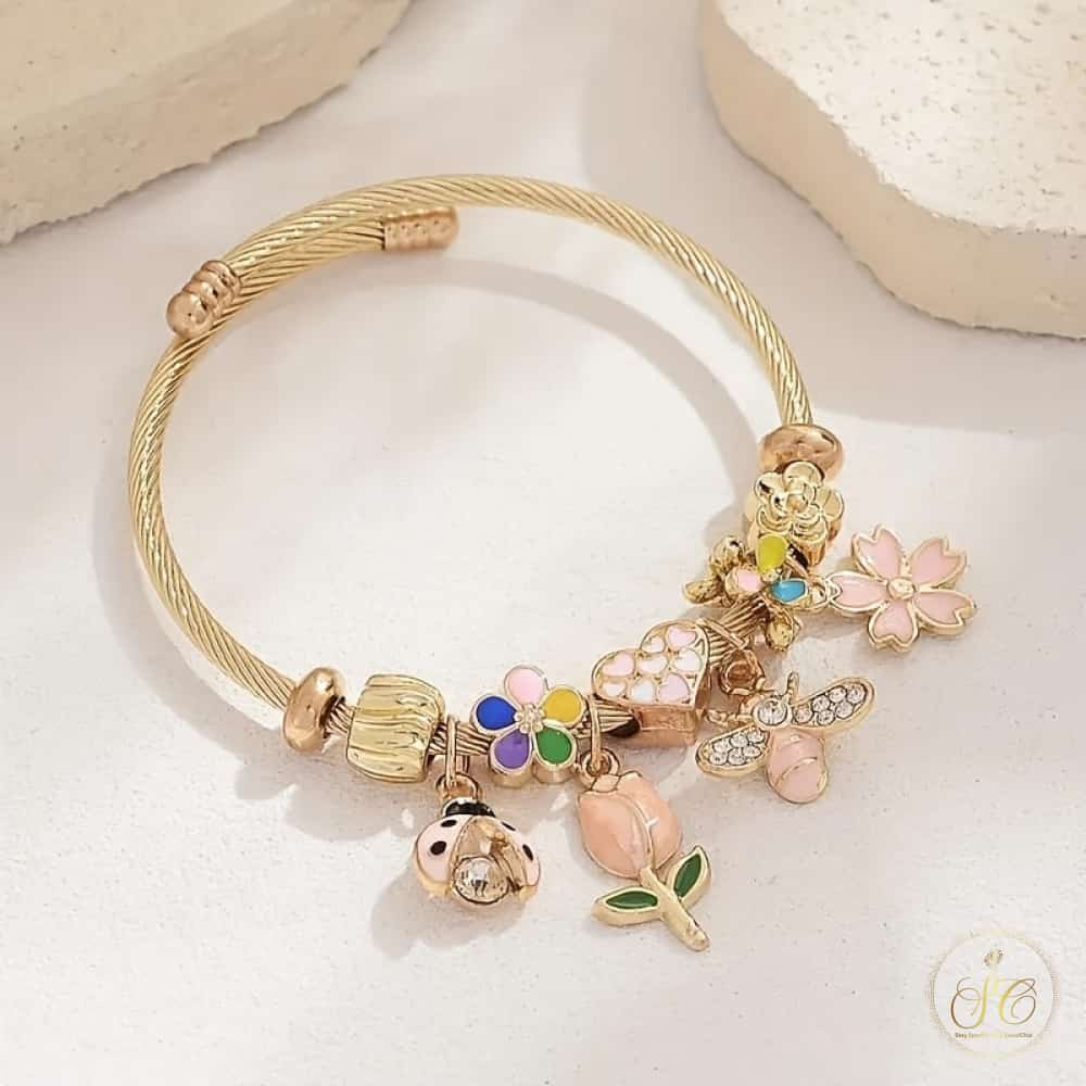 Premium Elegant Butterfly Bees Flowers Golden Tone Bracelet - SeoulChic.store
