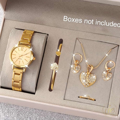 Chic Elegant Gold Plated Watch With Heart Shaped Necklace Set - SeoulChic.store