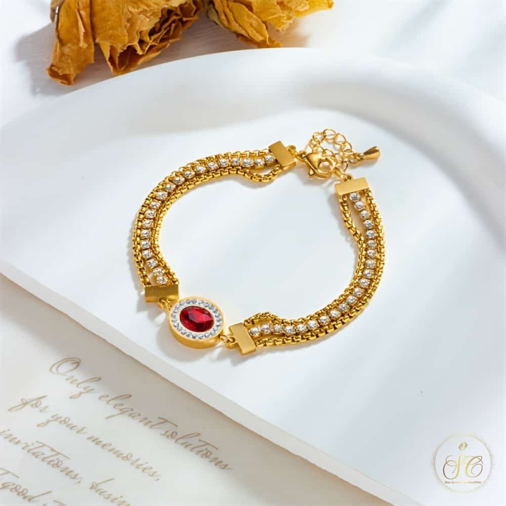 Classic Elegant Golden Tone Clear And Red Gemstones Bracelet - SeoulChic.store