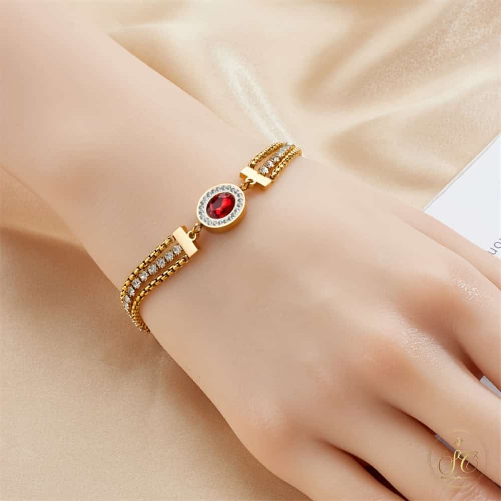 Classic Elegant Golden Tone Clear And Red Gemstones Bracelet - SeoulChic.store