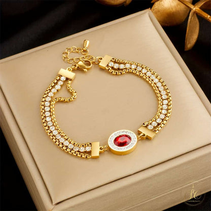 Classic Elegant Golden Tone Clear And Red Gemstones Bracelet - SeoulChic.store
