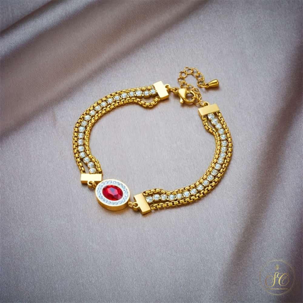 Classic Elegant Golden Tone Clear And Red Gemstones Bracelet - SeoulChic.store