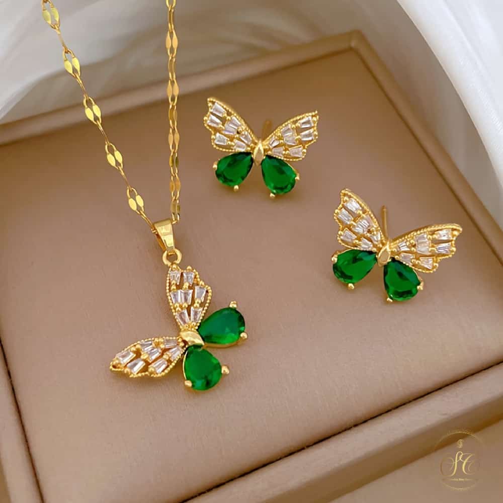Luxury Elegant Green Butterfly Pendant Jewelry Set - SeoulChic.store