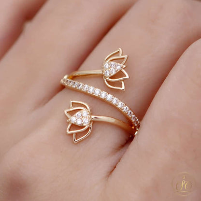 Graceful Elegant Lady Charm Lotus Flower Synthetic Zirconia Ring - SeoulChic.store