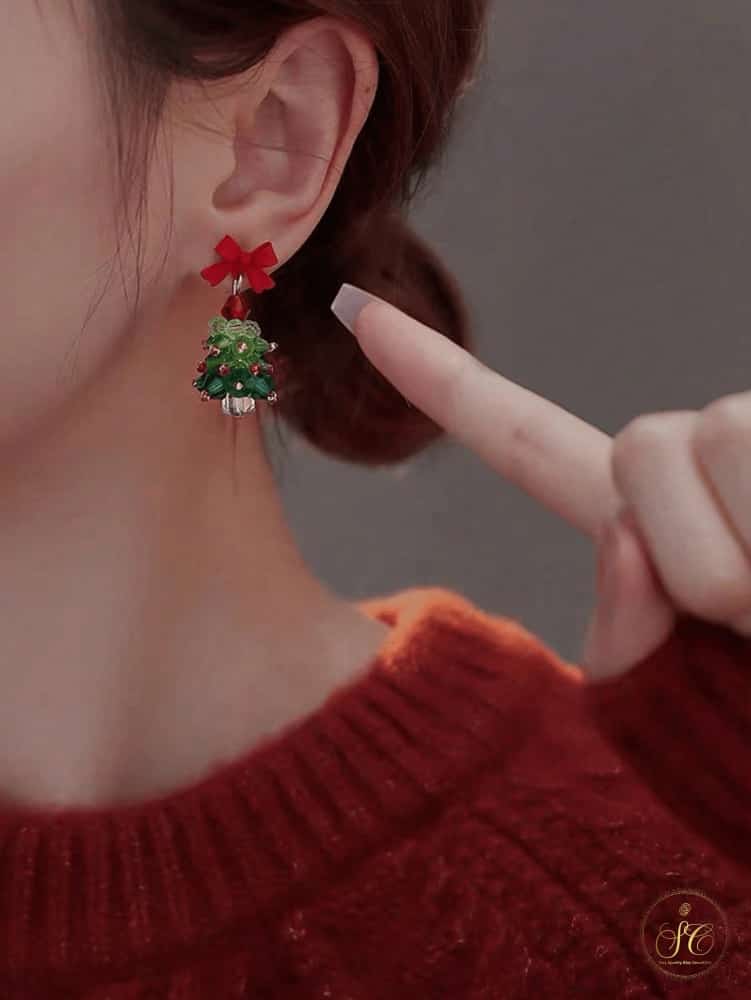 Refined Elegant Red Bow Christmas Tree Earrings - SeoulChic.store