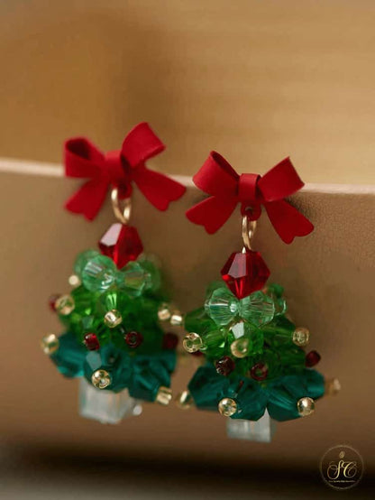 Refined Elegant Red Bow Christmas Tree Earrings - SeoulChic.store