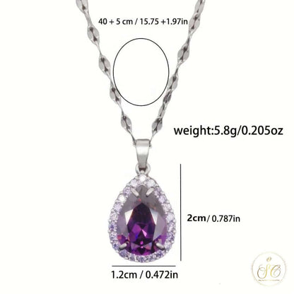 Modern Elegant Teardrop Purple Zirconia Pendant Silver Necklace - SeoulChic.store