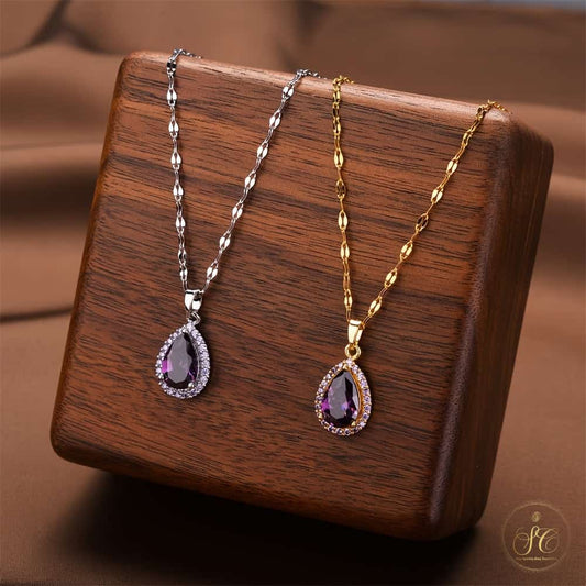 Modern Elegant Teardrop Purple Zirconia Pendant Silver Necklace - SeoulChic.store