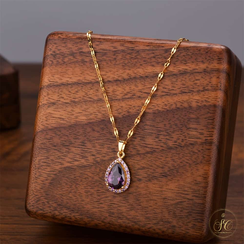 Modern Elegant Teardrop Purple Zirconia Pendant Silver Necklace - SeoulChic.store