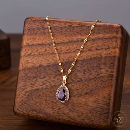 Modern Elegant Teardrop Purple Zirconia Pendant Silver Necklace - SeoulChic.store