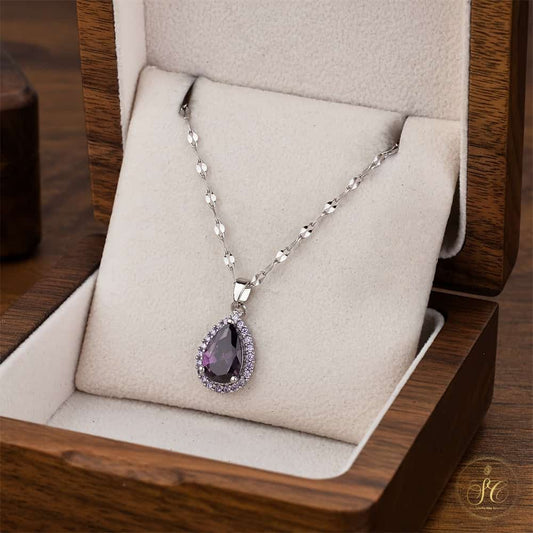 Modern Elegant Teardrop Purple Zirconia Pendant Silver Necklace - SeoulChic.store