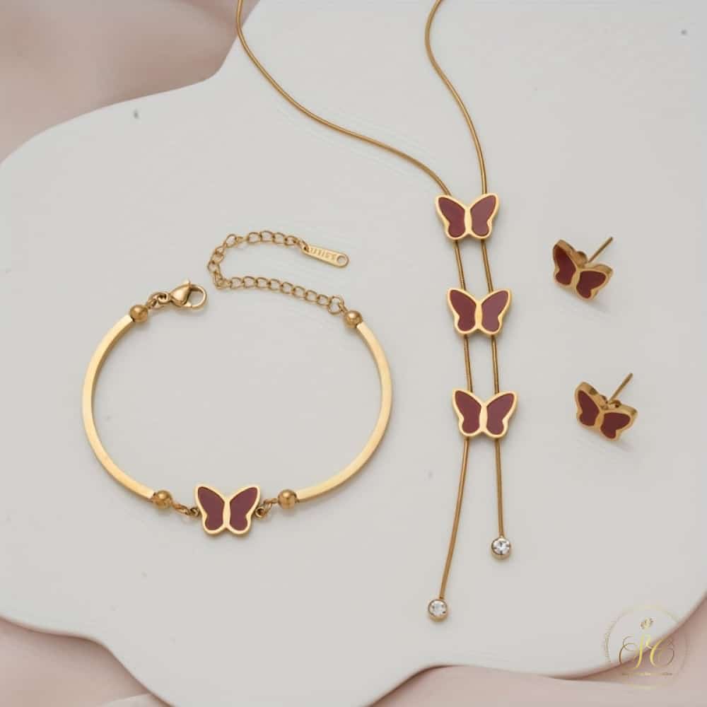 Graceful Enchanted Burgundy Butterfly Gold Plated Jewelry Set - SeoulChic.store